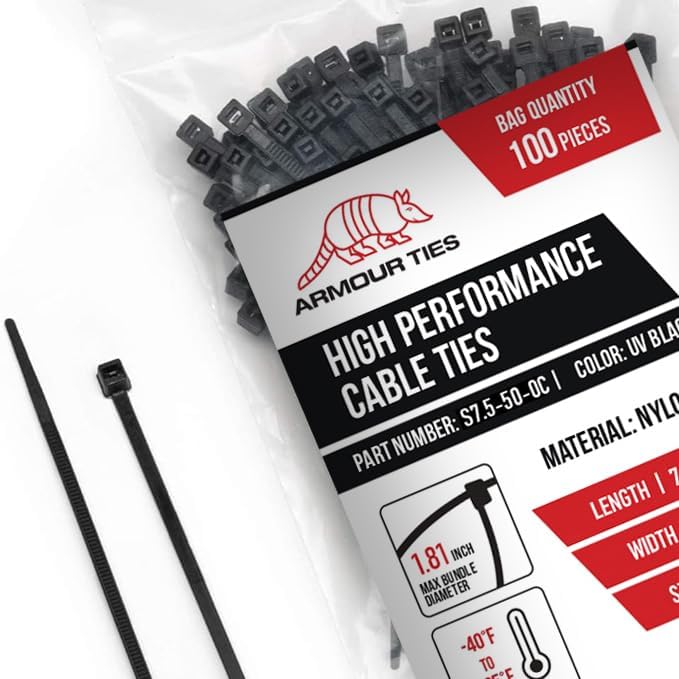 7.5-inch Black Zip Ties Heavy Duty UV Resistant Nylon Cable Ties, 50lb Tensile Strength, 100-Pack - Durable Wire Ties, Heavy Duty Tie Straps Indoor and Outdoor Cable Management Solution by ARMOUR TIES