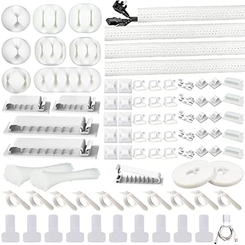 White Cable Management Organizer Kit 4 Cable Sleeve Split,47Cable Clips 12Cord Clips Holder,22 Cable Ties, 20 Adhesive Wall Cable Tie, 200Fasten Cable Ties for TV Electronics