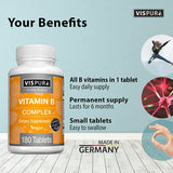 VISPURA Vitamin B-Complex, 180 Vegan Tablets, All B Vitamins Including B12, B1, B2, B3, B5, B6, B7, B9, Folic Acid, for Stress, Energy and Healthy Immune System*, Natural Supplement Without Additives