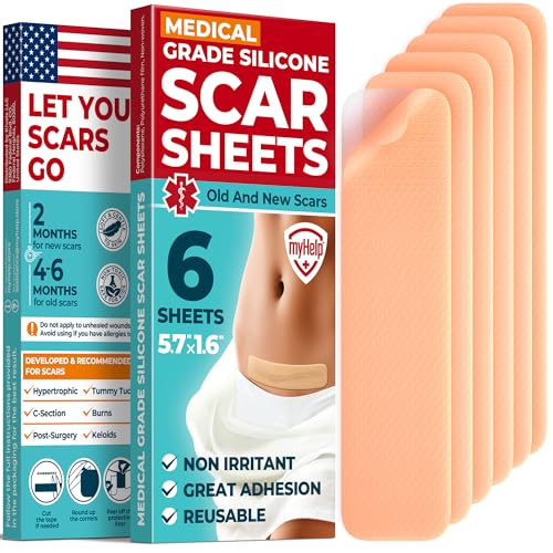 Medical Grade Silicone Scar Sheets - 6pk (5.7”x1.6”) - Visible Difference on Surgical & Keloid Marks - Reusable C-Section Scar Silicone Strips - Easy to Use Strips