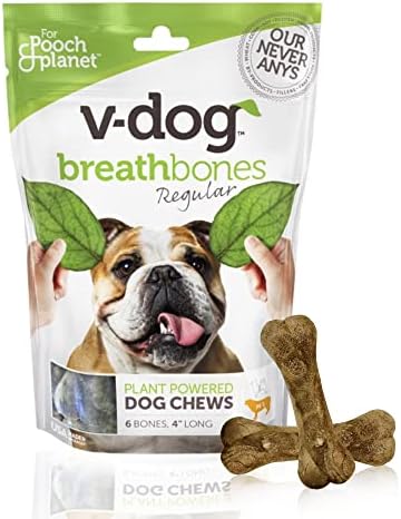 V-dog Dog Treats - Vegan Breathbone Teeth Cleaning Dental Dog Bones - Fresh Breath - 8 Ounces - All Natural - Made in USA - 6 Bones - 4" Long - Easy to Digest