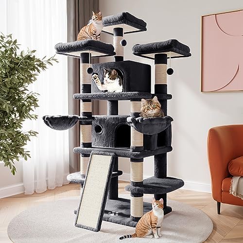 SHA CERLIN 68 Inches Multi-Level Large Cat Tree for Large Kitties/Big Cat Tower with Condo/Cozy Plush ‌Pussycat Perches/Sisal Scratching Posts and Hammocks/Activity Center/Dark Grey
