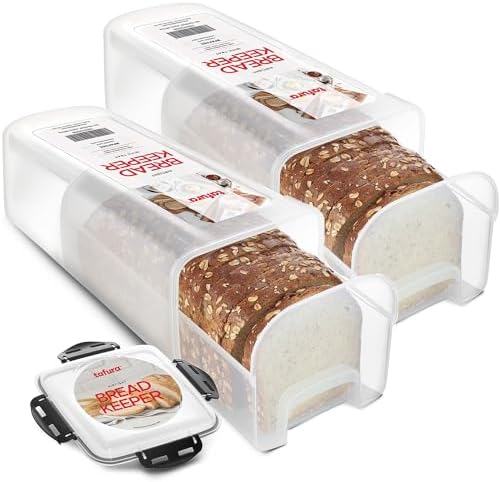 Tafura Bread Storage Container - 2 Pack BPA Free Plastic Bread Box with Ingeniously Tray - Airtight Container/Holder for Homemade Loaves and Baked Goods