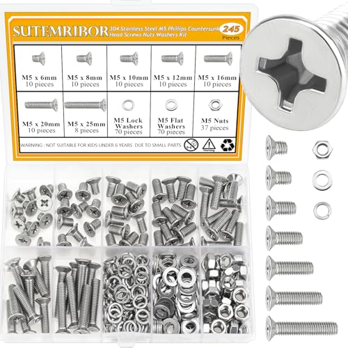 245 Pieces M5 Machine Screws Nuts Washers Set, Sutemribor M5 x 6/8/10/12/16/20/25mm Phillips Countersunk Head Machine Screws Nuts Washers Assortment Kit, 304 Stainless Steel, Fully Threaded