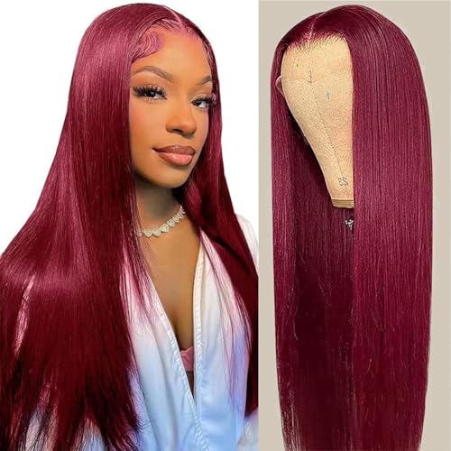 99j Burgundy Wig Human Hair 13x4 HD Transparent Red Burgundy Lace Front Wigs Human Hair Straight Frontal Wigs Human Hair 180% Density Glueless Wigs Human Hair Pre Plucked with Baby Hair 22 Inch