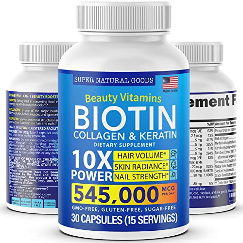 Biotin and Collagen Vitamins + Keratin with Folate - Hair Loss Treatments for Women & Men - Hair, Skin and Nails Supplements for Hair Growth & Postpartum Support - GMO Free & Gluten Free (60 Caps)