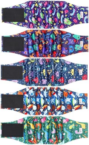 5 Pack Dog Diapers Male Reusable, Premium Belly Bands for Male Dogs, High Absorbing Male Dog Pee Wraps for Doggie in Incontinence or Excitable Urination and Training Cartoon L