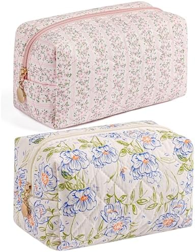 Makeup Bag Travel Cosmetic Bag for Women Girls, Zipper Make Up Pouch, Floral Flowers Toiletry Organizer Makeup, Portable Storage Bag, Cosmetic Travel Cloth Bag (Pink+Large Blue Flowers)