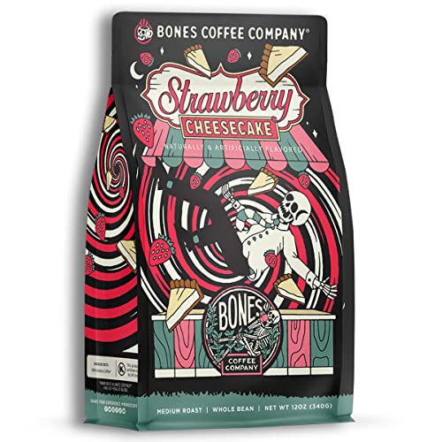 Bones Coffee Company Strawberry Cheesecake Flavored Coffee Beans, Whole Bean Coffee Medium Roast Low Acid, Strawberry Cheesecake Flavor (12 oz)