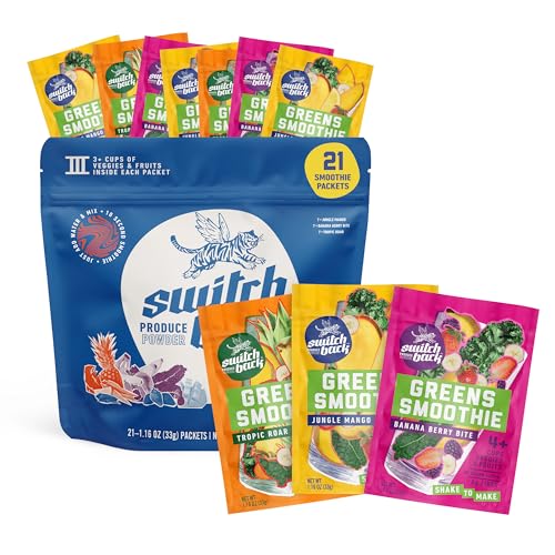 Switchback Greens Smoothie Powder, Gluten Free Mix for Water, Juice or Milk, Made with Real Fruit and Veggies, Green Drink for Energy Boost, Vegan, Plant Based, 4.5g Fiber, 21 Packets - Variety Pack