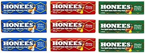Honees Honey Filled Drops, Variety Pack (Honey, Milk & Honey and Menthol)-Natural Sore Throat Relief - Throat Lozenges, Nothing Artificial - Non-GMO, Gluten Free (9 Pack-81 Drops)