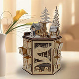 MorTime LED Revolving Music Box Advent Calendar Decorated with Christmas Tree Reindeer House LED Lights, Lighted Wooden Carved 24 Day Countdown to Christmas Calendar, 24 Storage Drawers