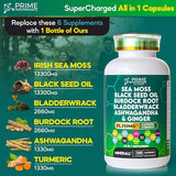 Sea Moss 13300mg Black Seed Oil 13300mg Bladderwrack 2660mg Burdock 2660mg Ashwaghanda 1330mg Turmeric 1330mg with Ginger Elderberry Vitamin C ACV Chlorophyll Supplement