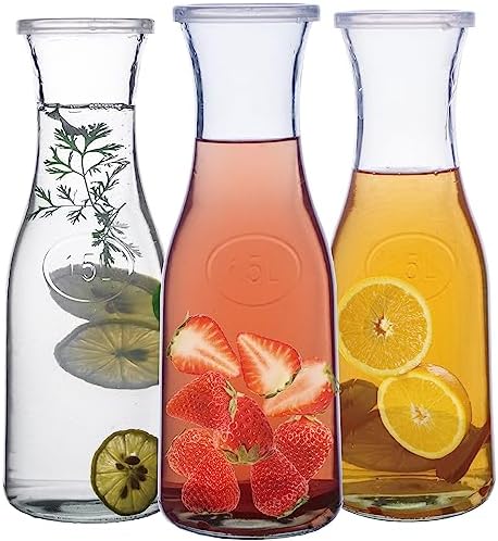 Chefcaptain Large Glass Wine Carafes With Snap-On Lids, Set Of 3 (50 Oz/1.49L Each), Lead-Free, For Water, Juice, Milk, Mimosa Bar