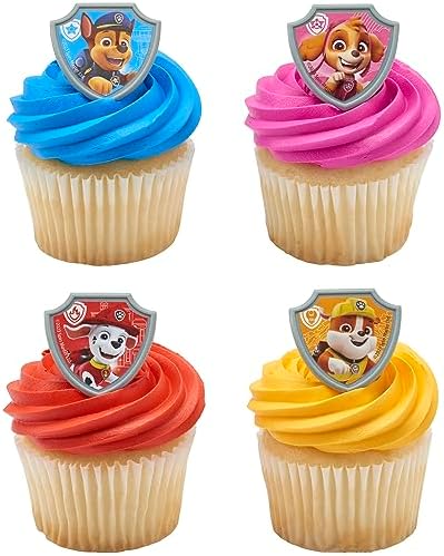 DecoPac Paw Patrol Reporting For Duty Rings, Cupcake Decorations Featuring Chase, Marshall, Skye, And Rubble - 24 Pack