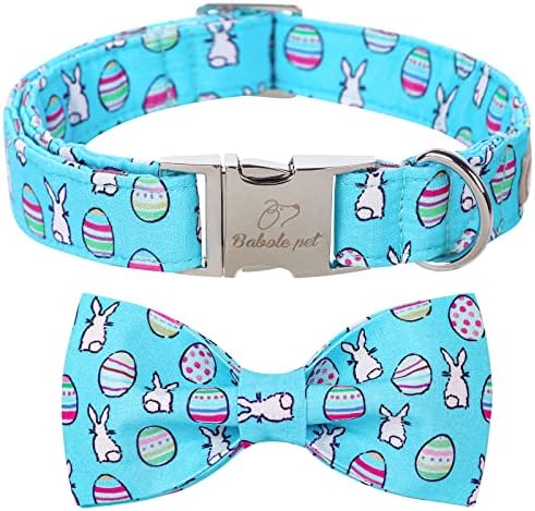 Easter Dog Collar with Bow Tie - Adjustable Easter Bunny Eggs Dog Collar Blue Rabbit Bowtie Metal Buckle Puppy Collars for Small Medium Large Dogs S