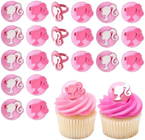 DecoPac Barbie Rings, 24 Barbie Silhouette Cupcake Decorations, Pink Glitter Cake Toppers For Birthday, Parties, Celebrations - 24 Pack