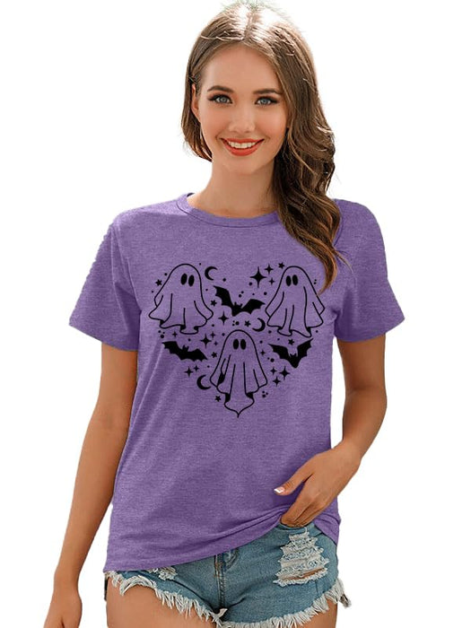 Halloween Shirt Women Spooky Season Shirts Cute Ghost Tshirt Halloween Graphic Tees Fall Short Sleeve Tops(Purple2, Medium)