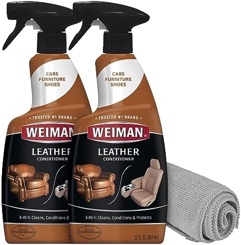Weiman Leather Cleaner Conditioner & Protector for Couches, Boots, Chairs, Bags, Purses & Auto Interior with Microfiber Towel Included (2 Pack)