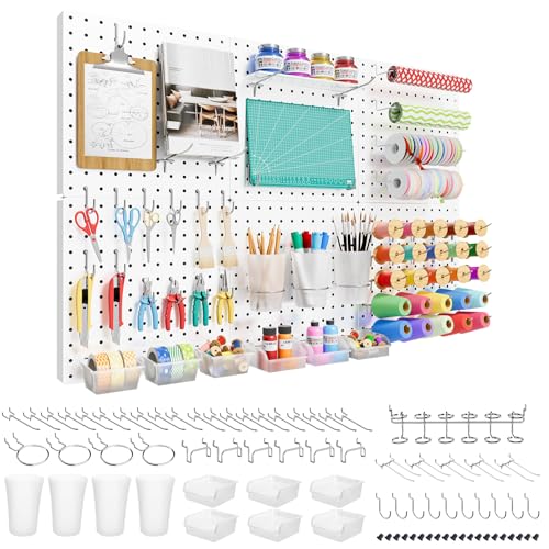 FZK Peg Board, 82PCS Metal Pegboard Wall Organizer Kit. Heavy Duty Pegboard, Peg Boards, Pegboard for Walls, White Pegboard for Garage Craft Room Workbench Office Kitchen Tool Organization, 36 * 24