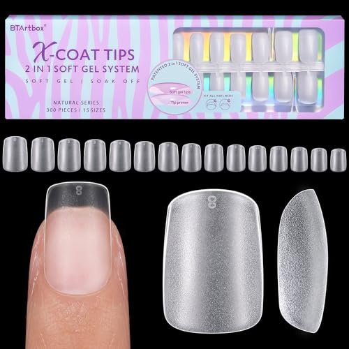 BTArtbox Short Square Gel Nails - Natural XCOATTIPS Short Fake Nails with Tip Primer Cover, Stronger Nail Adhesion, Full Matte Soft Gel Nail Tips, Clear Nail Tips Fake Nails for Nail Extensions