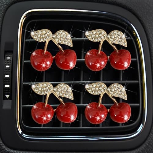 4Pcs Cherry Car Air Vent Freshener Perfume Clip, Rhinestone Air Outlet Fragrance Perfume Clip Freshener, Car Decor（Cherry Flavour）