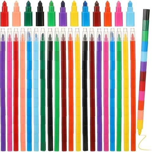 Marspark 20 Pcs Stackable Crayons Stacking Buildable Crayons Colorful Stackable Pencils Party Favors DIY Rainbow Pencil for School Office Birthday Party, 12 Colors(Bright Color,Flat)
