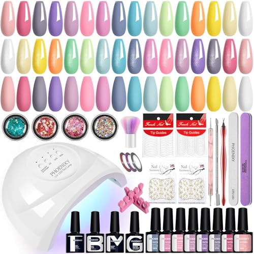 PHOENIXY Gel Nail Polish Kit with U V Light, 40 Pcs Pink Green Yellow Grey Purple Blue White Gel Nail Polish Set with 48W Nail Lamp Gel Nail Kit Gifts for Women