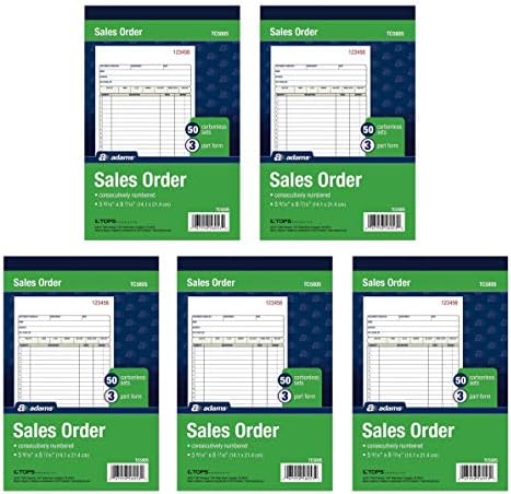Adams Sales Order Book, 3-Part, Carbonless, White/Canary/Pink, 5-9/16" x 8-7/16", Bound Wraparound Cover, 50 Sets per Book, 5 Books, 250 Sets Total (TC5805)