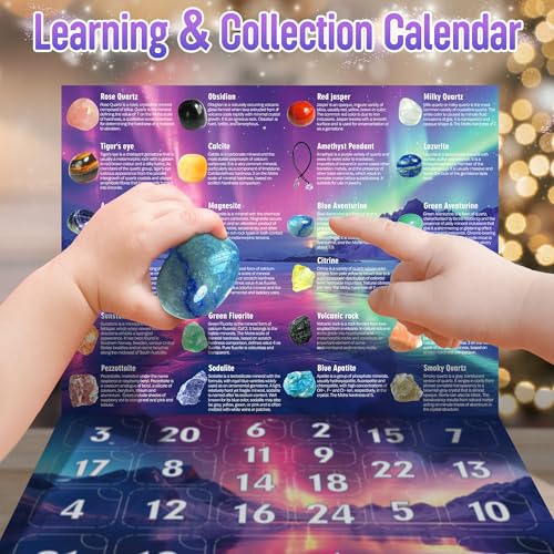 ZIZZ Advent Calendar 2024 Christmas - 24 Days Natural Rock Crystal Gemstone Christmas Countdown Calendar for Boys Girls Geology Stone Learning Collection Birthday Christmas Gift Toy for Kid Teen Adult