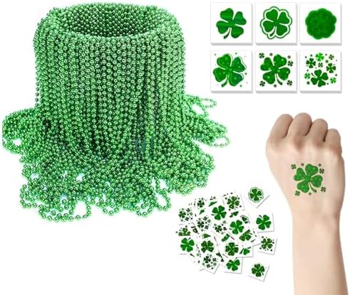 Rukie 144Pcs St. Patricks Day Decorations Set,72Pcs 33 Inch 7mm Green Carnival Beaded Necklaces and 72Pcs Tattoos for St. Patricks Day Festivals, Mardi Gras Parades, Dress-up Events Party Costume