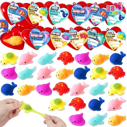 JOYIN 28 Pack Gift Cards with Mochi Squishy Toy, Filled Hearts, Kawaii Mochi Toys, Sea Animals Stress Relief Fidget Toys for Kids Valentine's Classroom Exchange and Party Favors Prizes