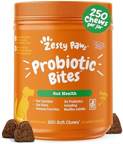 Zesty Paws Probiotics for Dogs - Digestive Enzymes for Gut Flora, Digestive Health, Diarrhea & Bowel Support - Clinically Studied DE111 - Dog Supplement Soft Chew for Pet Immune System - 250 Count