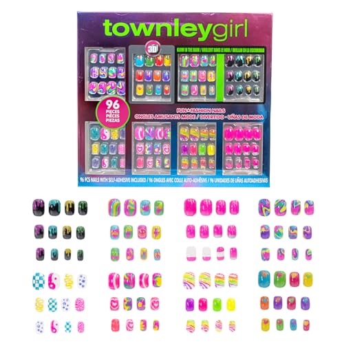 Townley Girl 96 Pcs Press-On Nails Including 3D and Glow-In-Dark Artificial False Nails Set for Tweens with Pre-Glue Full Cover Acrylic Nail Tip Kit, Great for Gifts, Parties, Sleepovers and Makeovers
