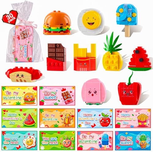 MGparty Valentines Day Cards for Kids Classroom,30 Pack Fast Food Fruit Building Block Toys Valentines Day Gifts For Kids Classroom Exchange Game Prizes Party Favors Supplies