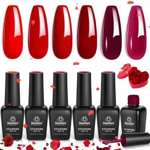 Beetles Red Gel Nail Polish Set - 6 Colors Bloody Mary Collection Popular Shimmer Red Burgundy Gel Polish Kit Nail Art Design Soak Off Uv LED Gel Nail Kit Minicure DIY Home Valentine's Day Gifts