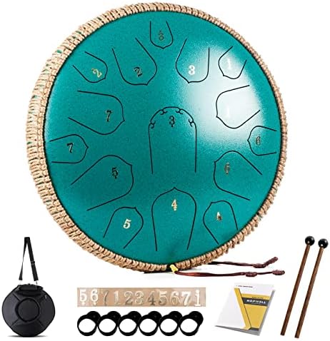 Steel Tongue Drum - HOPWELL 15 Note 14 Inch - Percussion Instrument - Hand Pan Drums with Music Book, Drum Mallets and Carry Bag, D Major, Malachite Green
