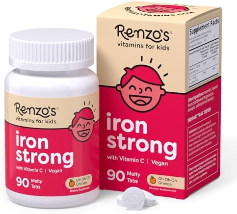 Renzo's Iron Supplements for Kids - Dissolvable Vegan Iron Supplement with Vitamin C - Sugar Free, Oh-Oh-Oh Orange Flavor, 90 Melty Tabs