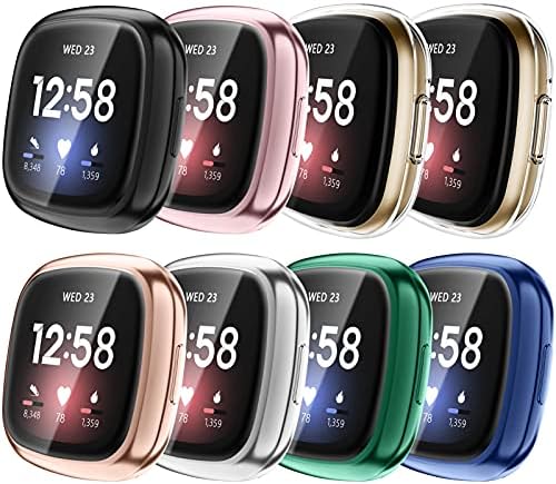 Fintie 8-Pack Screen Protector Case Compatible with Fitbit Versa 3 / Fitbit Sense, Soft TPU Plated Full Protective Bumper Cover [Scratch-Proof]