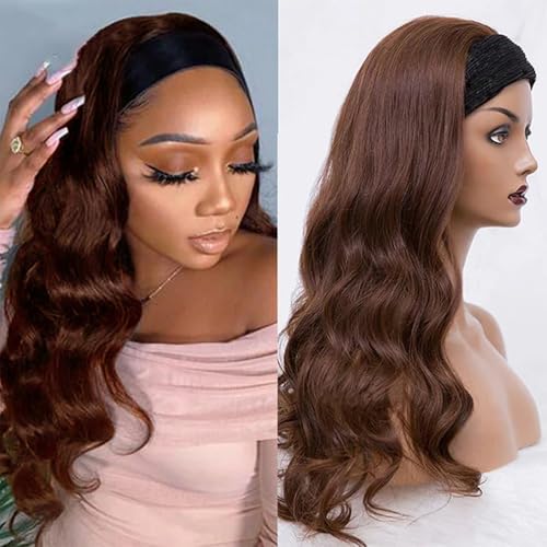 Headband Wig Human Hair Body Wave 26 Inch Chocolate Brown Glueless None Lace Front Wig Brazilian Virgin Human Hair Wigs Wear and Go Wigs for Black Women 150% Density Wigs