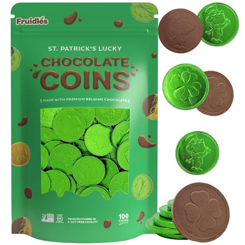 Saint Patrick's Day 100 Clover Shamrock Leprechaun Chocolate Green Coins, Premium Belgian Nut-Free Milk Chocolate, Kosher (100-Pack)