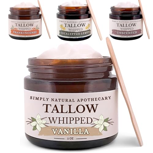 Beef Tallow for Skin Care, Face, Hands - Natural Moisturizer - Whipped - Organic Grass-Fed Beef Fat - Vitamins A, D, E, K - Dry Skin, Baby Diaper Cream - Hydrating - Warm Vanilla - 2 oz Jar