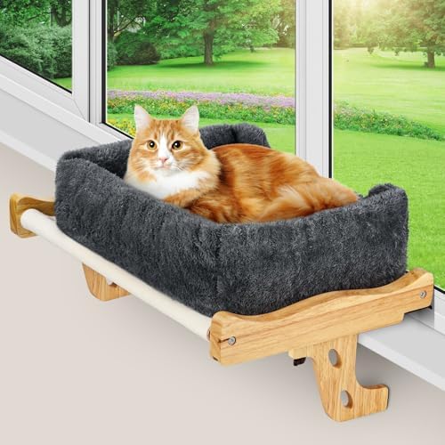 Heated Solid Wood Cat Window Perch, Removable Heating Pad for Cat Window Seat, 24H time Setting Cat Hammock with Wide Edge Cushion, Easy Clean Adjustable Cat Bed for Window Sill, Bedside, Drawer