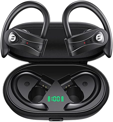 Wireless Earbuds 4 Mic Clear Call Bluetooth Headphones Wireless Charging Case Stereo Bass Sound 60H Playtime Over Ear Earphones LED Digital Display Headset with Earhooks for Sports Running Workout Gym