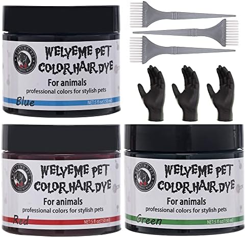 Dog Dye Set - Permanent Pet Hair Color Kit, 3 Brushes & Gloves, Non-Toxic Safe (Red, Blue, Green)