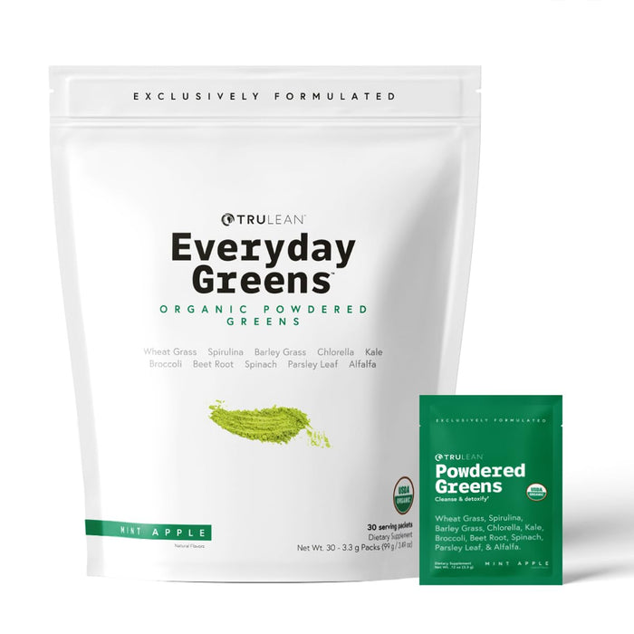 TRULEAN Everyday Greens - Organic Powdered Vegetable Superfood Supplement - Vegan, Spriulina, Wheat Grass, Chlorella - Vegan, Gluten Free, Zero Sugar - Mint Apple Flavor - 30 Packets