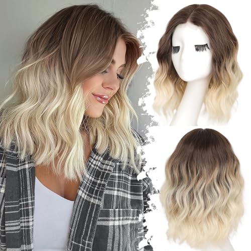 Brown to Platinum Blonde Short Wavy Wig for Women Lace Hairline Bob Style Synthetic Heat Resistant - Natural Appearance for Everyday Hairstyle 14 Inch