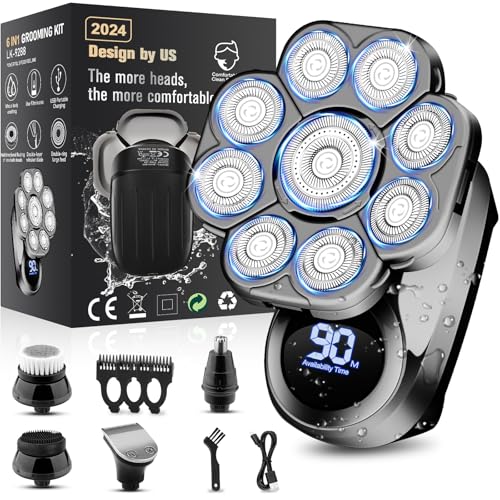 9D Electric Head Shavers for Bald Men, 2025 Upgraded 5-in-1 Head Shaver for Bald Men, Waterproof Wet/Dry Grooming Kit Electric Shaver for Men, Cordless Rechargeable Bald Head Razor for Home&Travel