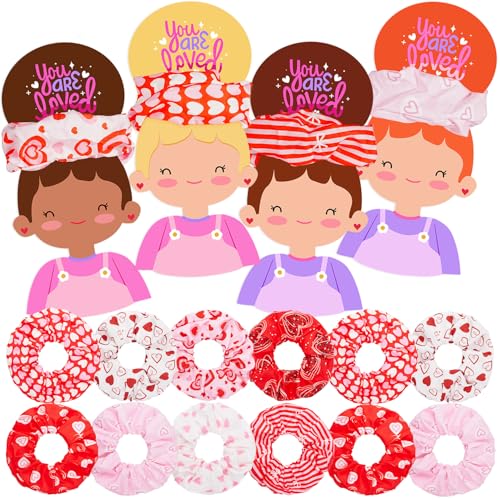 24 Pack Class Valentines Day Gifts for Kids Girls Bulk, Girl Valentines for ClassValentines Day Cards with Valentine Hair Scrunchies - Valentine Gift Classroom Exchange Girls