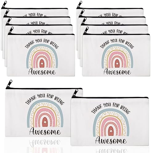 Chunful 10 Pieces Inspirational Canvas Makeup Bags for Women Graduation Gift Rainbow Canvas Cosmetic Bags Bulk with Zipper Friendship Gift Travel Toiletry Pouch(Awesome)